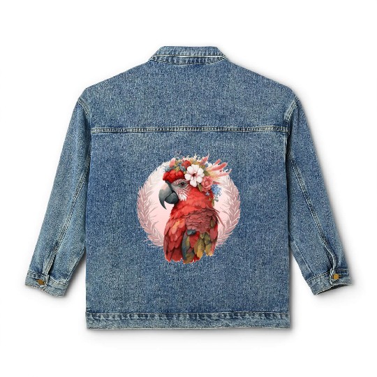 Red Scarlet Macaw Flower Crown Parrot Watercolor B Classic Women's Denim Jackets