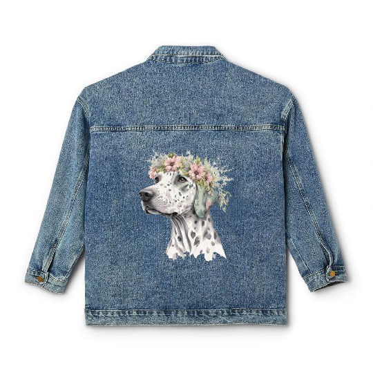 Cute Dalmatian Flower Crown Pet Dog Breed Floral P Classic Women's Denim Jackets