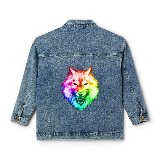 Bright Colorful Wolf Head – Rainbow Howling Wolf F Classic Women's Denim Jackets