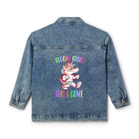 Second Grade Here I Come Unicorn Rainbow Back to S Classic Women's Denim Jackets