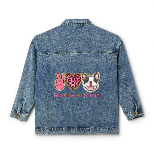 Leopard Peace Love Frenchie Funny Dog Mom Mothers Classic Women's Denim Jackets