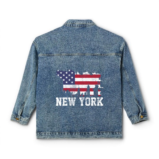 New York City Nyc Skyline Usa Flag America Classic Women's Denim Jackets