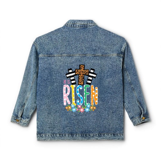 He Is Risen Leopard Cross Easter Jesus Religious Classic Women's Denim Jackets