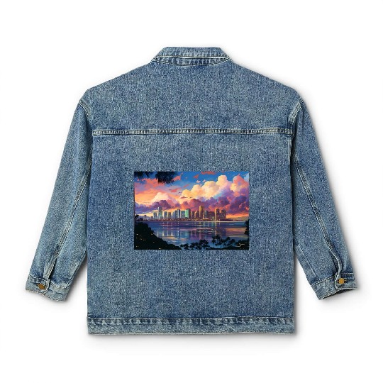 Anime Honolulu A Vibrant Anime Inspired Skyline Classic Women's Denim Jackets