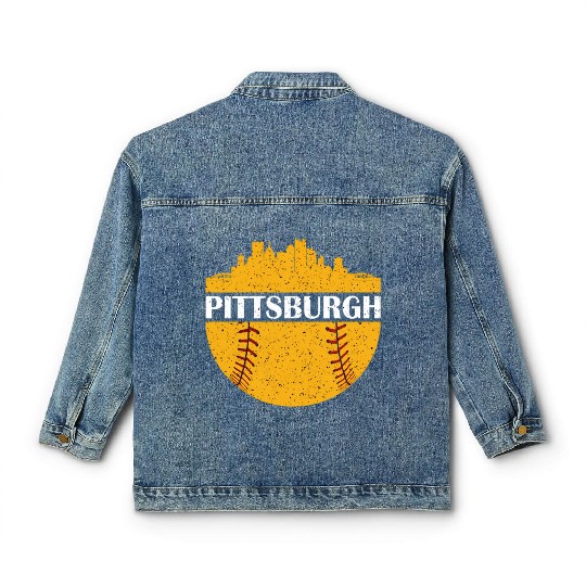 Pittsburgh Baseball Cityscape Distressed Novelty Classic Women's Denim Jackets