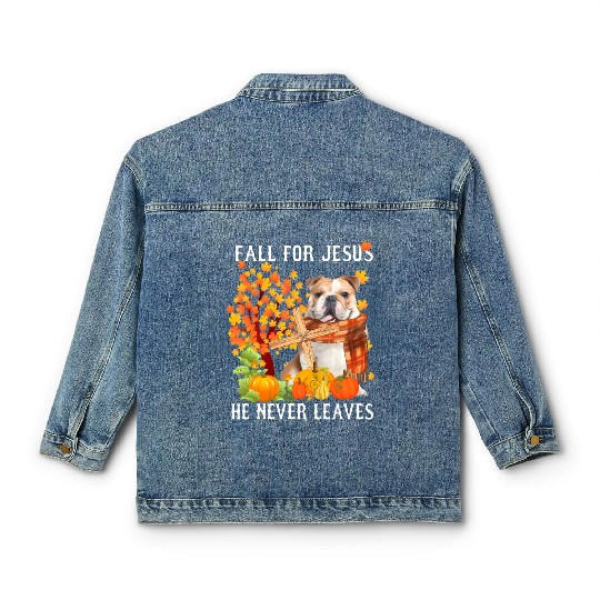 Bulldog Autumn Fall For Jesus He Never Leaves Classic Women's Denim Jackets