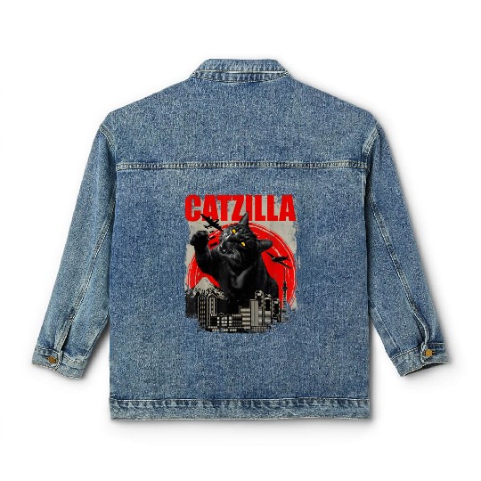 Catzilla Vintage Funny Cute Cat Art Japanese Sunse Classic Women's Denim Jackets