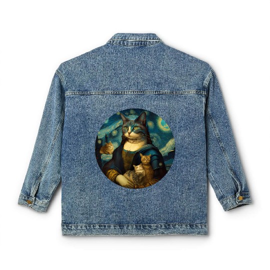 Mona Lisa With Cats Starry Night Van Gogh Painting Classic Women's Denim Jackets