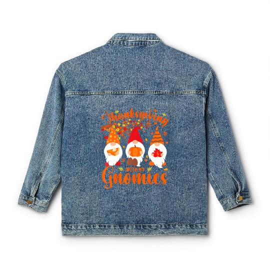Thanksgiving With My Gnomies Funny Autumn Gnomes Classic Women's Denim Jackets