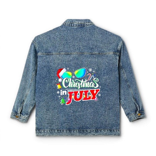 Christmas In July Santa Hat Sunglasses Summer Classic Women's Denim Jackets