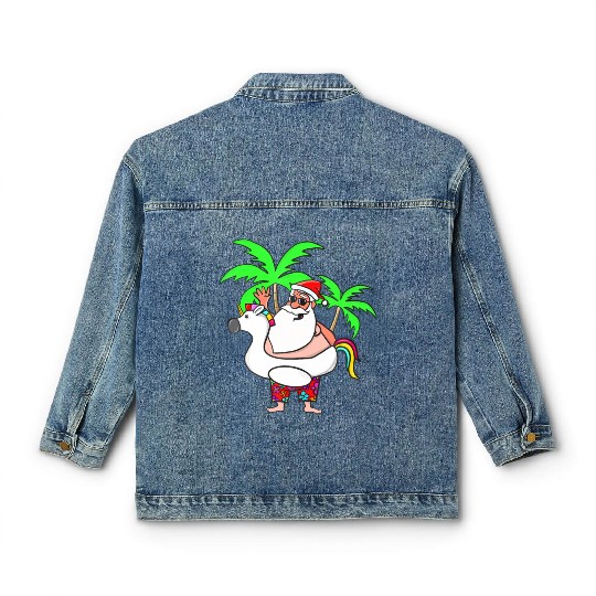 Christmas In July Santa on Vacation Unicorn Pool Classic Women's Denim Jackets