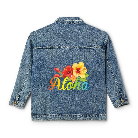 Awesome Aloha Classic Women's Denim Jackets Hawaiian Hibiscus Flowers Surf
