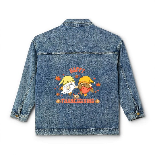 Happy Thanksgiving Gnomes Pumpkin Autumn Leaves Classic Women's Denim Jackets