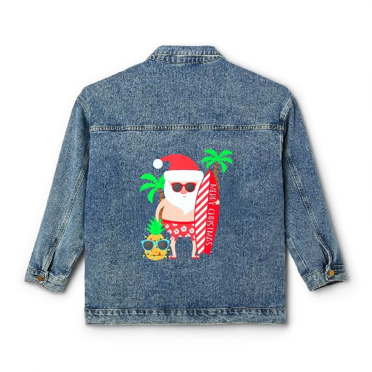 Santa Surfing Hawaiian Beach Christmas In July Classic Women's Denim Jackets