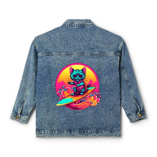 Cool Retro Surfing Cat Classic Women's Denim Jackets