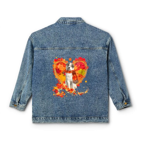 Great Pyrenees With Heart Made Of Autumn Leaves Classic Women's Denim Jackets