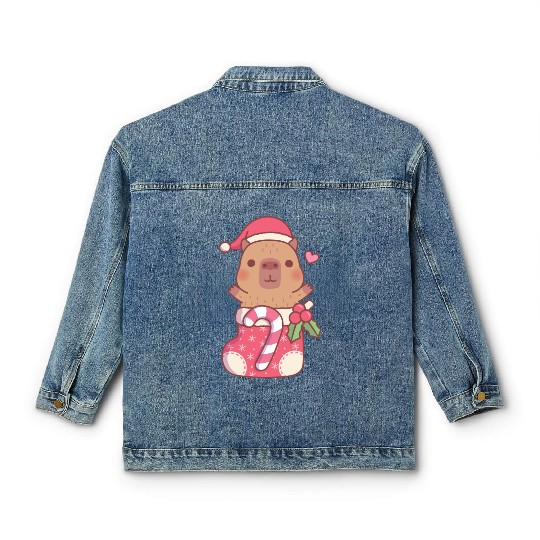 Cute Capybara In Christmas Stocking With Candy Classic Women's Denim Jackets