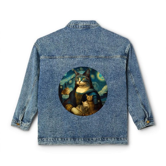 Mona Lisa With Cats Starry Night Van Gogh Painting Classic Women's Denim Jackets