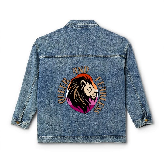 LGBTQ Queer and Fearless, Lion with Lesbian Flag Classic Women's Denim Jackets