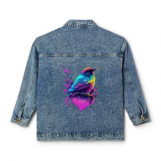 Neon Bird on Pink Leaves - Colorful Nature Art Classic Women's Denim Jackets