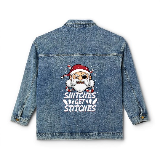 Snitches Get Stitches Santa Hat Funny Santa Pirate Classic Women's Denim Jackets