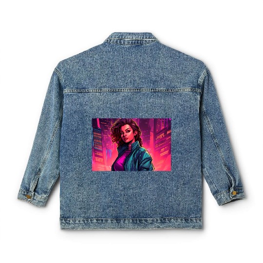 Girl in front of a Neon Pink Cityscape Classic Women's Denim Jackets