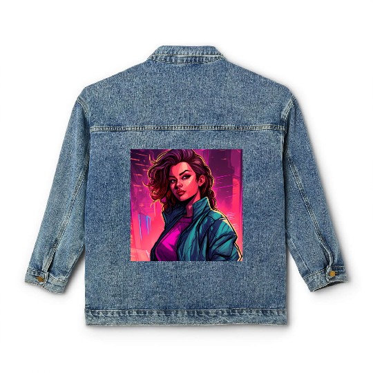 Synthwave City Bloom - Neon Pink Cityscape Classic Women's Denim Jackets