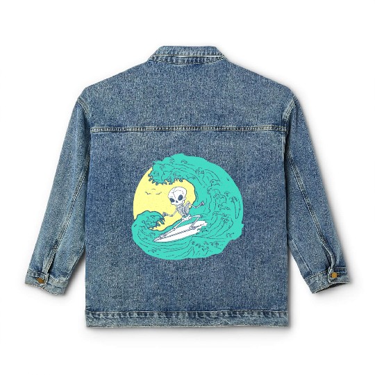 Skeleton surfing on Wave Classic Women's Denim Jackets