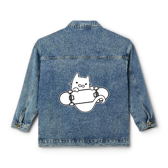 Angry Cat And Skateboard Skateboarding Outline Classic Women's Denim Jackets