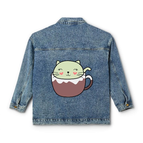 Mint Hot Cocoa Cat in Coffee Mug Classic Women's Denim Jackets