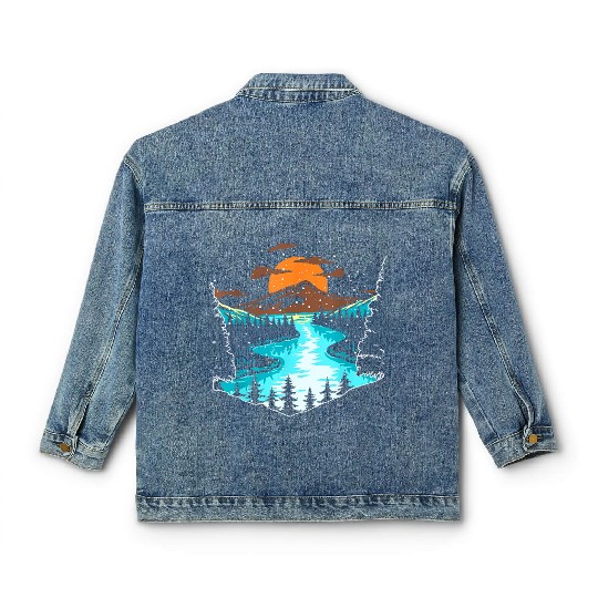 Wildlife Mountain River Outdoor Nature Full Moon Classic Women's Denim Jackets