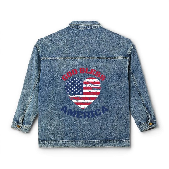 God Bless America, Heart Flag Shape. Classic Women's Denim Jackets