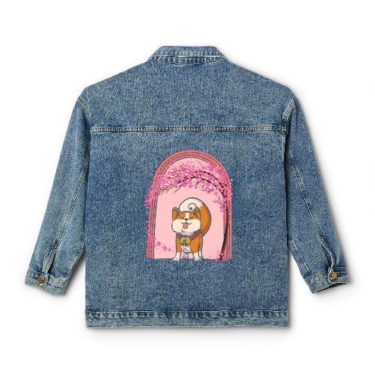 Cherry Blossom Classic Women's Denim Jackets, Shiba Inu Dog Sakura Kawaii