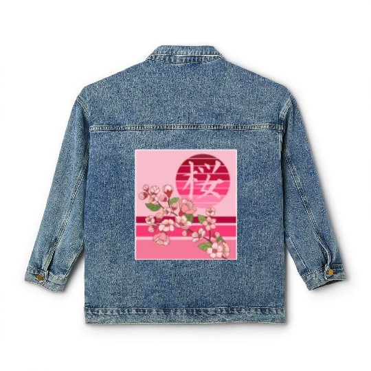 Cherry Blossom Classic Women's Denim Jackets, Sakura Flowers Kanji Pocket