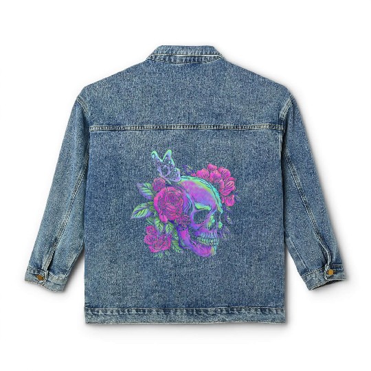 Skeleton Classic Women's Denim Jackets, Neon Skull Roses Gothic Skeleton
