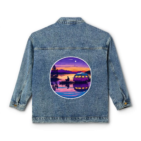 A Camper Enjoying A Peaceful Lakeside Classic Women's Denim Jackets