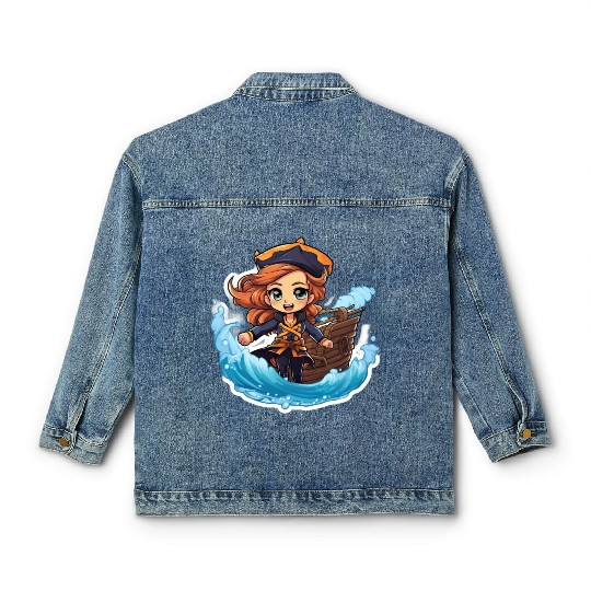 The Captains Charm Cartoonish Pirate at Sea Classic Women's Denim Jackets