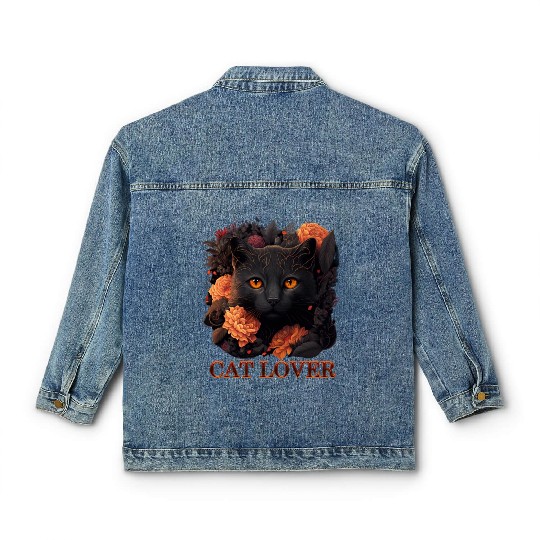 Cat Lover - Sweet Black Cat with Flowers Classic Women's Denim Jackets