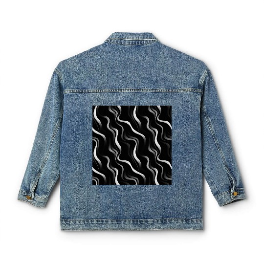 Monochrome Elegance: White Abstract Lines on Black Classic Women's Denim Jackets
