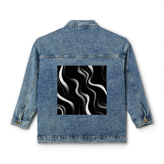 Monochrome Elegance: White Abstract Lines on Black Classic Women's Denim Jackets