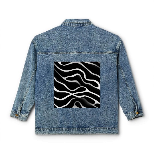 Monochrome Elegance: White Abstract Lines on Black Classic Women's Denim Jackets