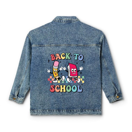 Back To School, Cute, Retro, Vintage, Checkerboard Classic Women's Denim Jackets