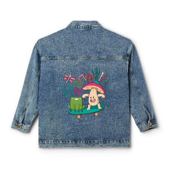 Sweet Frog Skateboarding With A Mushroom Classic Women's Denim Jackets