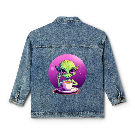 midnight Coffee: The Green Alien Drinker Classic Women's Denim Jackets