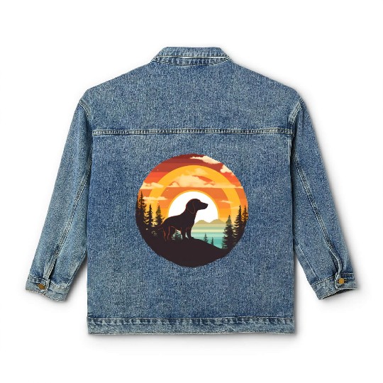 Sunset Serenity: Vintage Dachshund Silhouette Classic Women's Denim Jackets