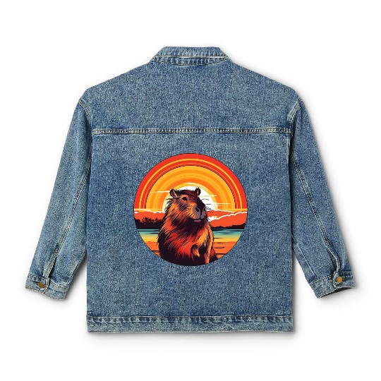 Sunset Serenity: Rustic Capybara Stripe Illustrate Classic Women's Denim Jackets