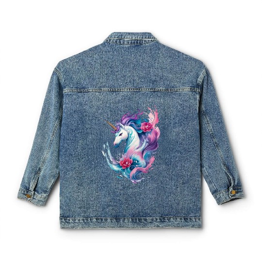 Floral Enchantment: Unicorn in Water Waves Splash Classic Women's Denim Jackets