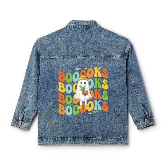 Booooks Cute Ghost Reading A Book Funny Book Lover Classic Women's Denim Jackets