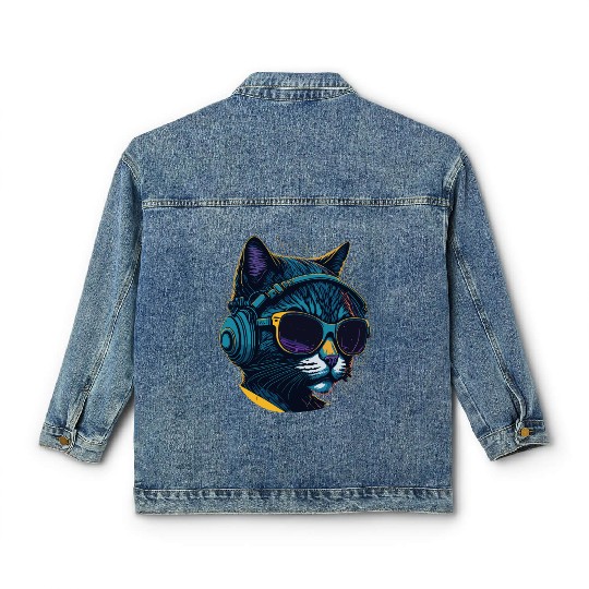 Cool Sunglasses Headphone Galaxy Cat Classic Women's Denim Jackets
