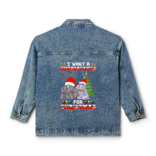 I Want Hippopotamus For Christmas Hippo Lover Xmas Classic Women's Denim Jackets